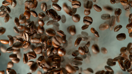 Freeze motion shot of rotating coffee beans, brown gradient background