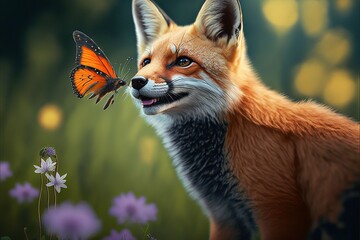  a painting of a fox with a butterfly on it's nose and a butterfly on the nose of it's nose, in front of a field of flowers.  generative ai