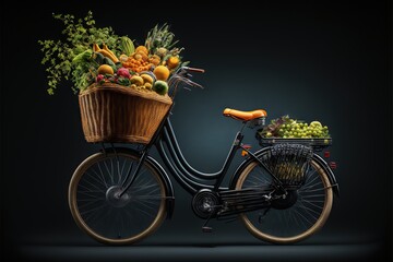 Fototapeta na wymiar a bicycle with a basket full of fruits and vegetables on the front of it, against a dark background, with a black background,. generative ai