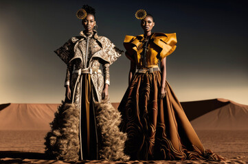 High Couture Fashion in the Desert: AI Generated Portrait of Two African Models