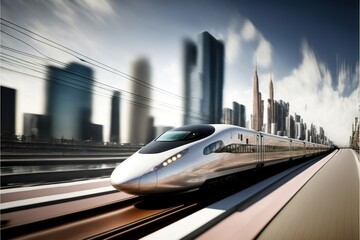  a high speed bullet train speeding through a city with skyscrapers in the background and a blurry image of a train on the tracks.  generative ai