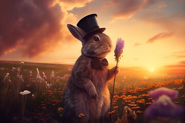 A rabbit, dressed in a top hat, stands amidst a field of flowers at sunset, holding a cane in one hand and one in his mouth, with a third in the other hand. Generative AI