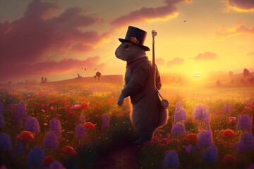 A rabbit, dressed in a top hat, stands amidst a field of flowers at sunset, holding a cane in one hand and one in his mouth, with a third in the other hand. Generative AI