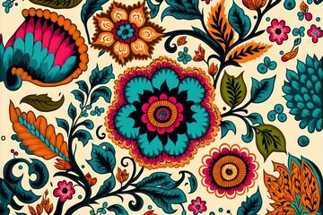  a colorful floral pattern with many different flowers and leaves on a white background with blue and orange colors and green leaves on the top of the flowers.  generative ai