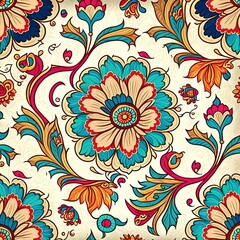  a colorful floral pattern on a white background with blue, red, and orange flowers and leaves on a white background with a blue, red, orange, yellow, red, orange, blue, green, pink.  generative ai