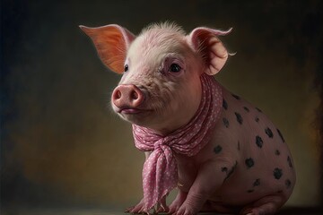  a pig with a scarf around its neck sitting on a table next to a black wall and a brown background with a spotty spotty spotty spotty spotty spotty pattern.  generative ai