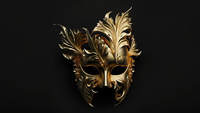 Venetian theater mask or mardi gras, golden color, Brazil carnival, black background, 3D style, photography, 05