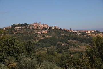 View to Montepulciano and Val d'Orcia in Tuscany, Italy