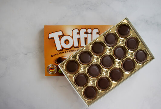 January 2, 2023 Ukraine city Kyiv a box of Toffifee candies on a colored background