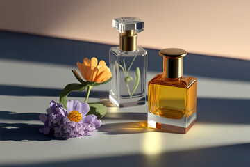 Collection of transparent multi color glass floral perfume bottles on a light simple background. Art composition still life. Stylish parfumerie banner. Generative AI.