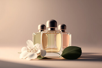 Collection of transparent multi color glass floral perfume bottles on a light simple background. Art composition still life. Stylish parfumerie banner. Generative AI. - 567491172