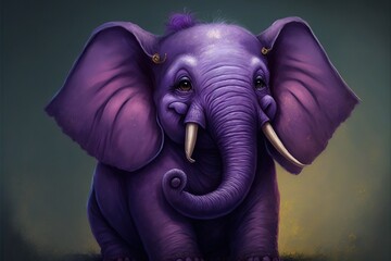  a painting of a purple elephant with tusks and tusks on it's head and trunk, with a green background.  generative ai