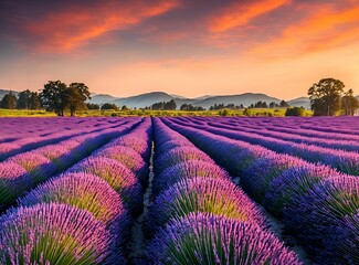 Fototapeta na wymiar Lavender Fields Under the Sunset Sky