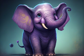  a purple elephant with blue eyes and a smile on its face is standing in front of a blue background and has a blue background with a yellow and gold design on it's.  generative ai