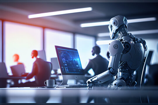 Roboter mit k&uuml;nstlicher Intelligenz sitzt im B&uuml;ro vor einem Computer - Generative Ai