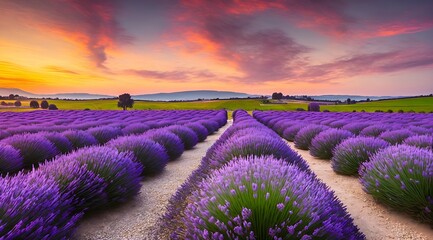 Naklejka na ściany i meble Sunset in the Lavender Fields