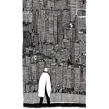 Man standing in abandoned city, ink concept