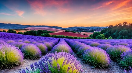 Fototapeta na wymiar Sunset Bliss in the Lavender Fields