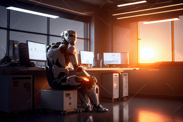 Roboter mit künstlicher Intelligenz sitzt im Büro vor einem Computer - Generative Ai