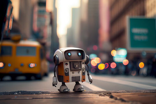 Mini Roboter l&auml;uft durch eine Gro&szlig;stadt - Generative Ai 