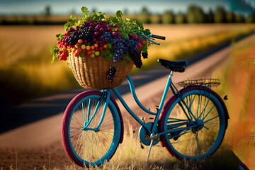 Fototapeta na wymiar a blue bicycle with a basket full of fruit on the back of it on a road with a rainbow in the sky behind it and a field. generative ai
