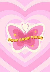 Pink Retro Butterfly Only Good Vibes Poster. Groovy Hippie Retro Print. 