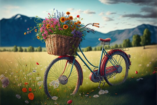  a painting of a bicycle with a basket full of flowers in a field with mountains in the background and a field of flowers in the foreground.  generative ai