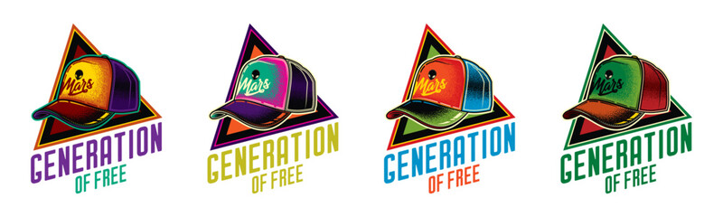 Naklejka premium An original vector collection in a vintage style. Stylish baseball cap on the background of a text composition. T-shirt design