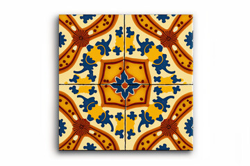 Spanish floor ceramic tile design. Mediterranean yellow and blue pattern. Ethnic folk ornaments. Generative AI
