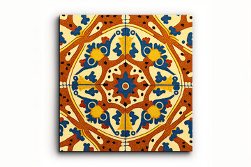 Spanish floor ceramic tile design. Mediterranean yellow and blue pattern. Ethnic folk ornaments. Generative AI