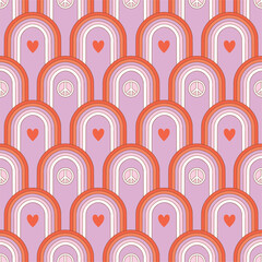 Happy Valentine’s Day retro seamless pattern with groovy rainbow, hippie sign and heart shape. Vintage vector for postcard, invitation, wrapping paper; packaging etc.