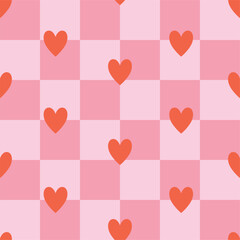 Happy Valentine’s Day retro seamless pattern with groovy hearts. Cute hearts on checkerboard background. Vintage lovely vector for invitation, wrapping paper, packaging etc.