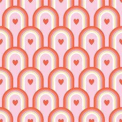Happy Valentine’s Day retro seamless pattern with groovy rainbow and heart shape. Vintage vector for postcard, invitation, wrapping paper; packaging etc.