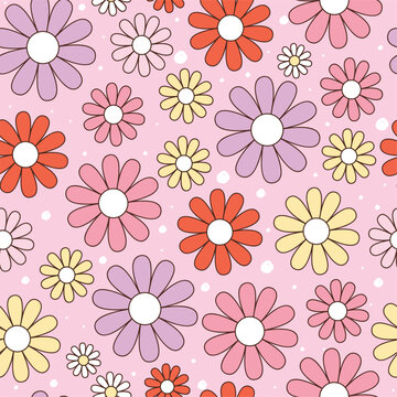 Happy retro seamless pattern with groovy daisy flowers. Cute various bright color chamomile. Vintage colorful hippie vector for invitation, wrapping paper, packaging etc.