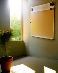 Room with blackboard and a plant, sunlit wall, ideal for social networks