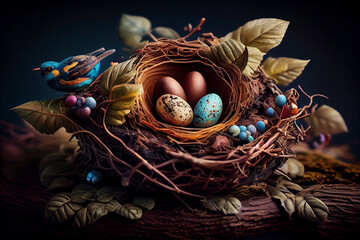 Colorful easter nest with easter eggs. Created with Generative AI technology