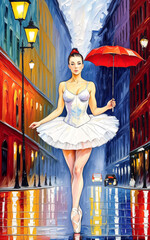 Ballerina in white tutu in the rainy street.Oil painting