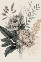 illustration of neutral color flowers, boho, AI assisted finalized in Photoshop by me
