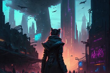 Punk girl looking over cyberpunk city day background, ai