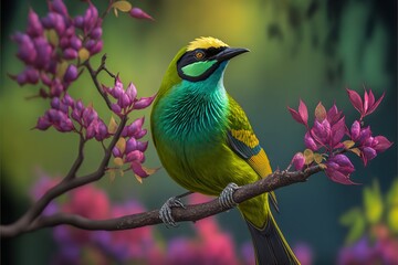  a colorful bird perched on a branch of a tree with purple flowers in the background and a green and yellow bird with a black beak.  generative ai