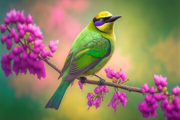  a colorful bird perched on a branch of a tree with purple flowers in the background and a green sky in the foreground with a pink and green background.  generative ai
