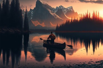 Naklejka na ściany i meble a man in a canoe on a lake with mountains in the background and a setting sun in the sky above him is a silhouette of a mountain range. generative ai