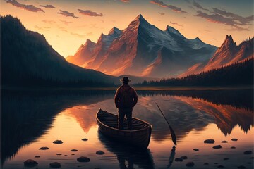  a painting of a man standing on a boat in a lake with mountains in the background and a sunset in the sky behind him,.  generative ai