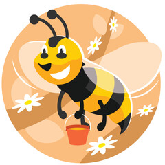 Happy cute bee with honey bucket. Vector graphics