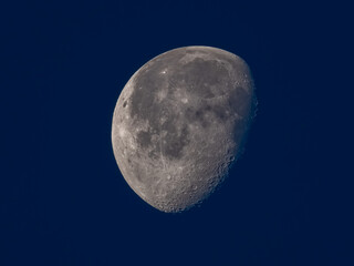 Close up of a waning moon in a clear, dark blue early morning sky exhibiting details of surface...