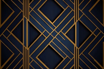  a dark blue and gold wallpaper with a geometric design on it's side and a gold stripe on the bottom of the wall.  generative ai