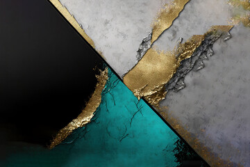  a painting with a gold and blue design on the side of a white and gray wall with a black and gold design on the side.  generative ai