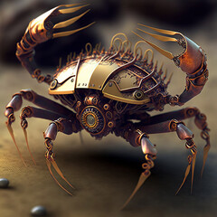 Steampunk golden crab. Generative AI