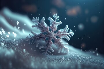  a snowflake is shown in the middle of the night time scene with snow flakes on the ground and a full moon in the background.  generative ai