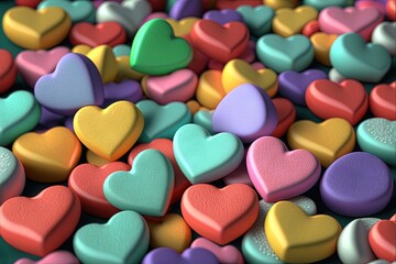  a bunch of heart shaped candies sitting on top of each other in a pile of different colored hearts on a table top with a blurry background.  generative ai